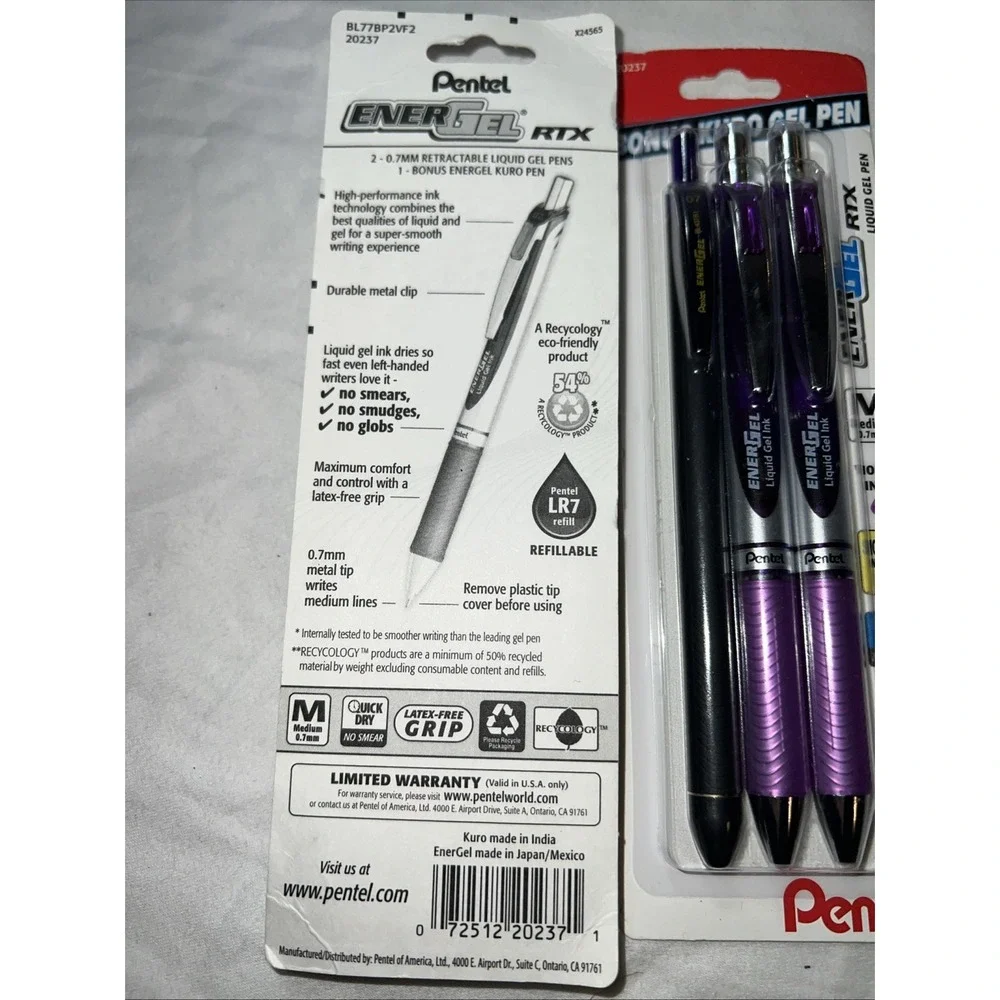 pentel energel 0.7 Rxt Violet Ink Bonus Kurt Gel Pen